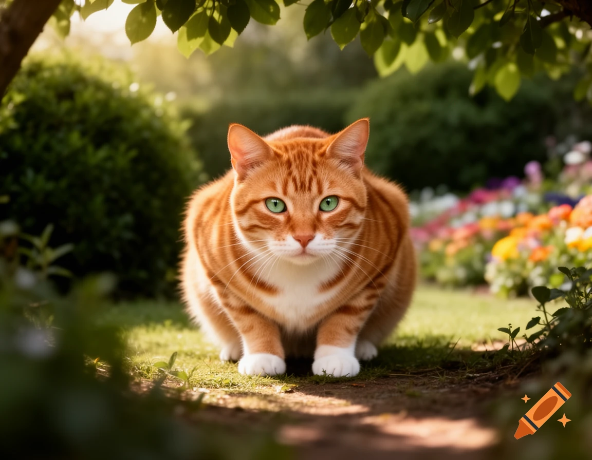 Photorealistic orange tabby cat with green eyes crouched on a garden path, surrounded by lush greenery and colorful flowers.