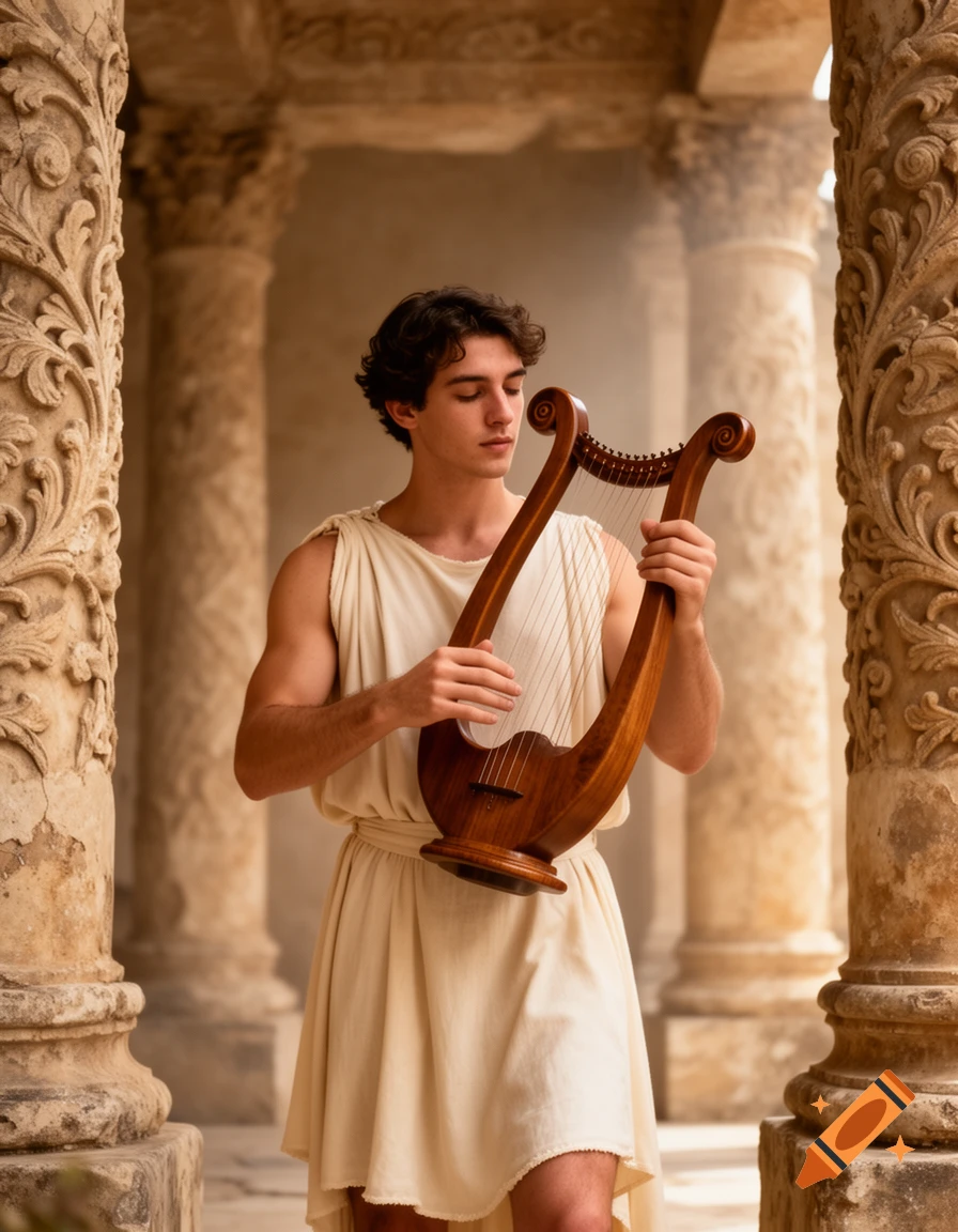 A young man in ancient Greek attire plays a lyre in a classical stone colonnade.