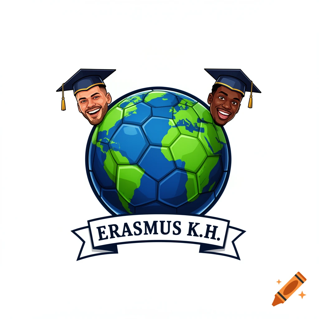Cartoon logo with a globe-soccer ball, two smiling men in graduation caps, and "ERASMUS K.H." on a banner.