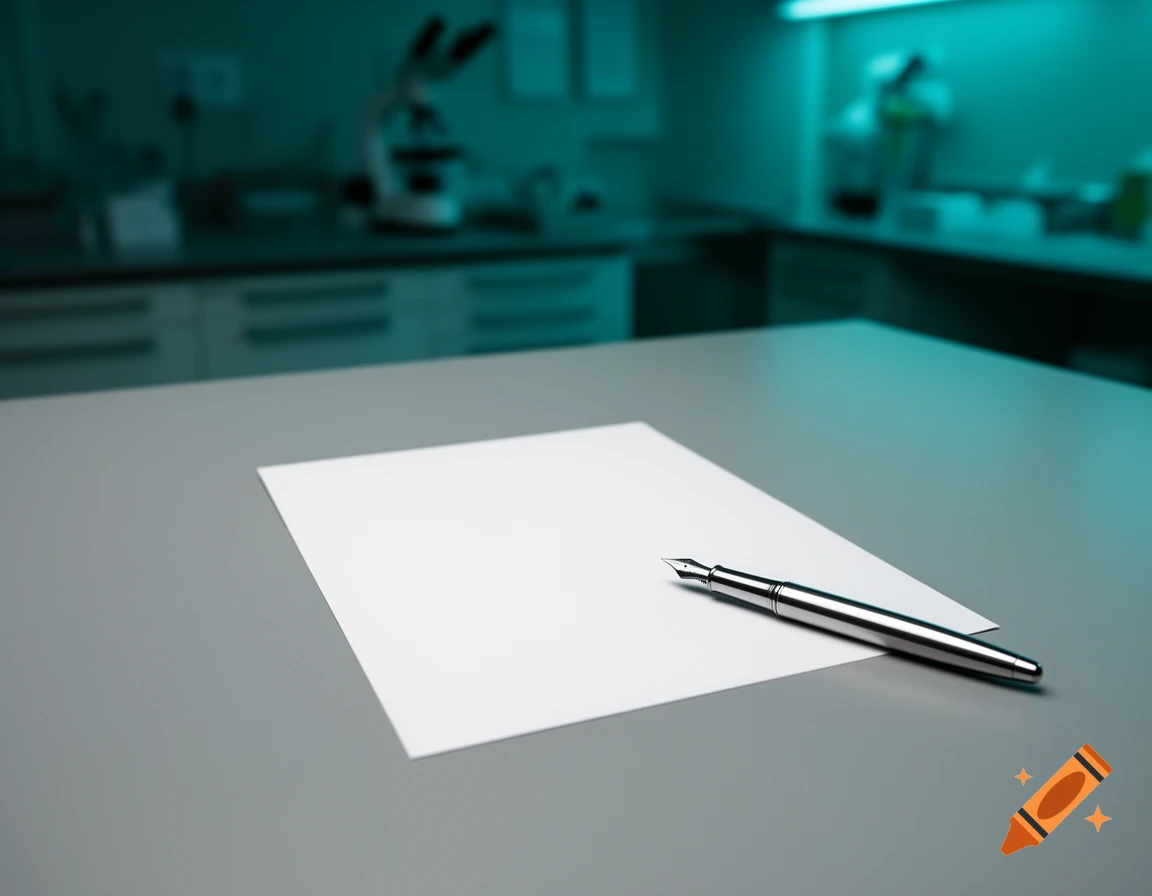 Photorealistic image of a blank white paper and a fountain pen on a grey lab workbench with a blurred teal background.