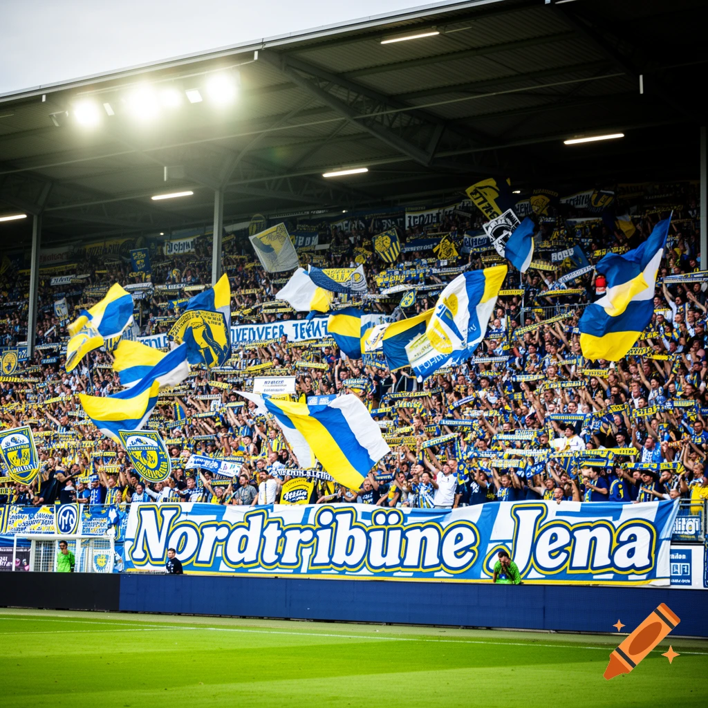 A stadium section packed with enthusiastic fans waving blue and yellow flags and scarves, with a 'Nordtribüne Jena' banner.