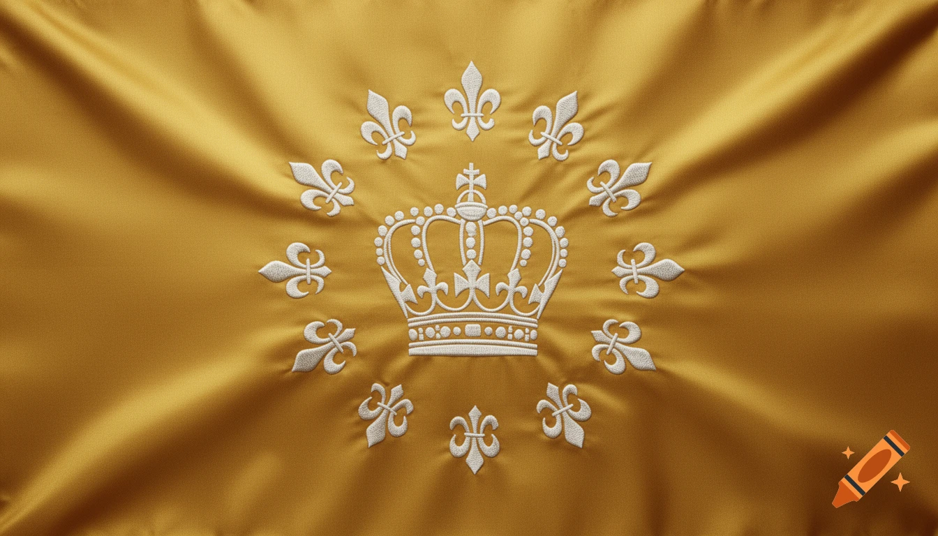 A golden flag with a central white embroidered crown surrounded by a ring of twelve white fleur-de-lis symbols.