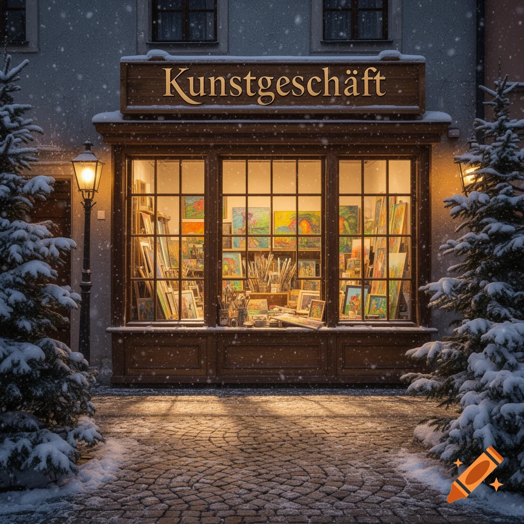 Photorealistic art shop storefront in winter, with warm lights, snowy Christmas trees, and falling snow on a cobblestone path.