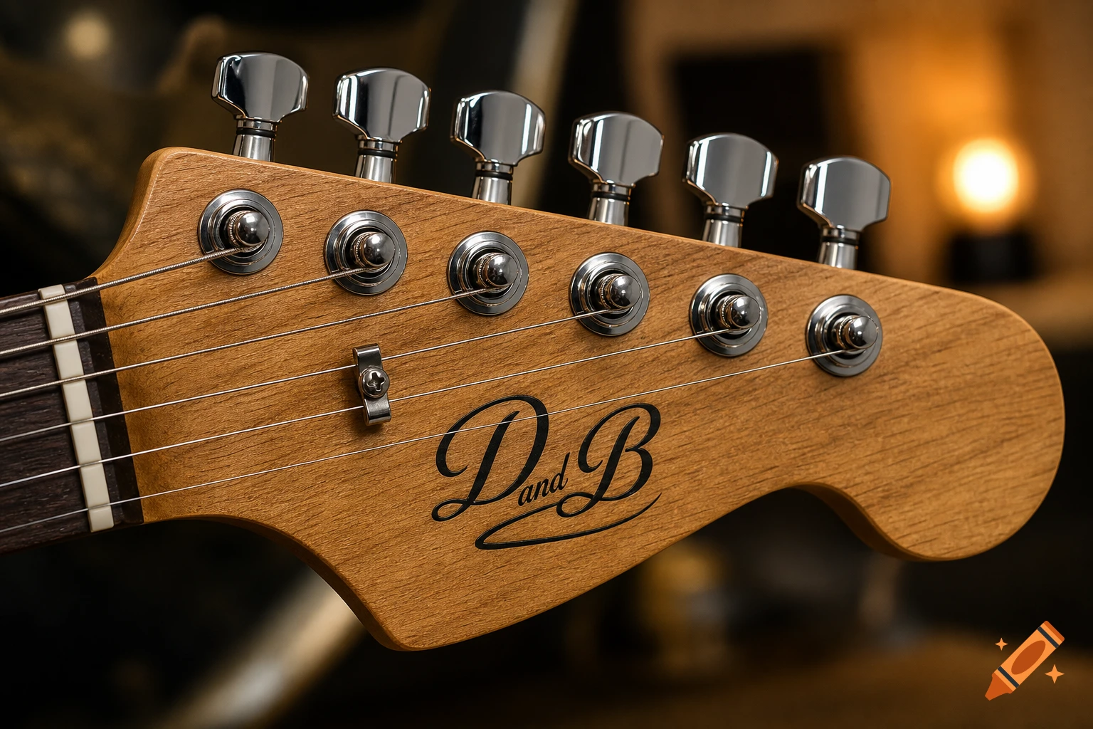 Close-up of a photorealistic wooden guitar headstock with chrome tuning pegs and a black 'D and B' logo.