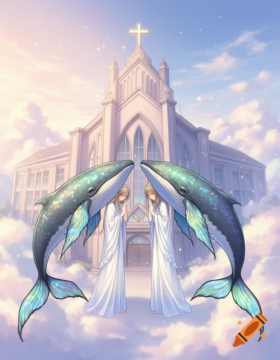 Two anime figures in white robes pray beneath iridescent whales in a cloudy sky before a church with a cross.