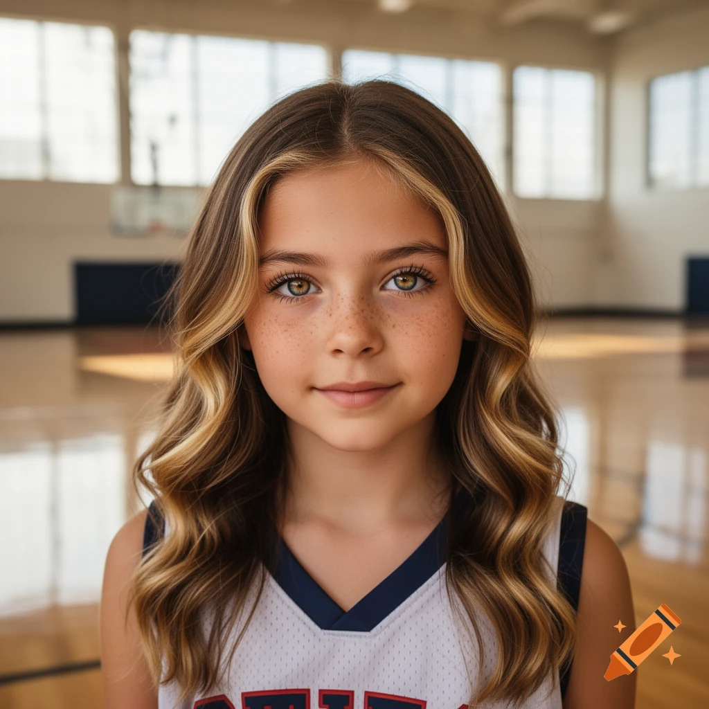 A close-up photorealistic portrait of a young girl with wavy brown and blonde hair and heterochromatic eyes, wearing a white and navy basketball jersey, standing in a gym.