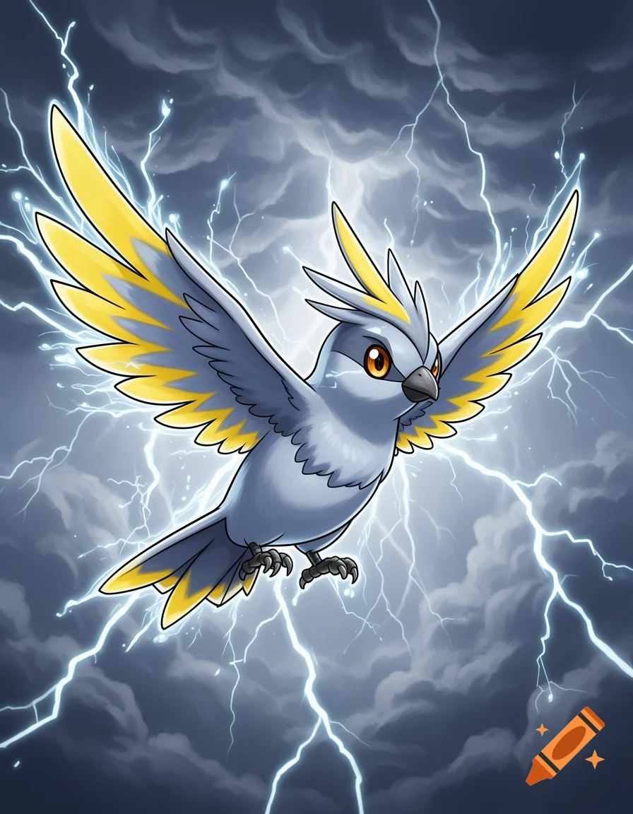 A cartoon electric-type bird, similar to a Pokémon, with yellow accents flying through a stormy sky filled with lightning.