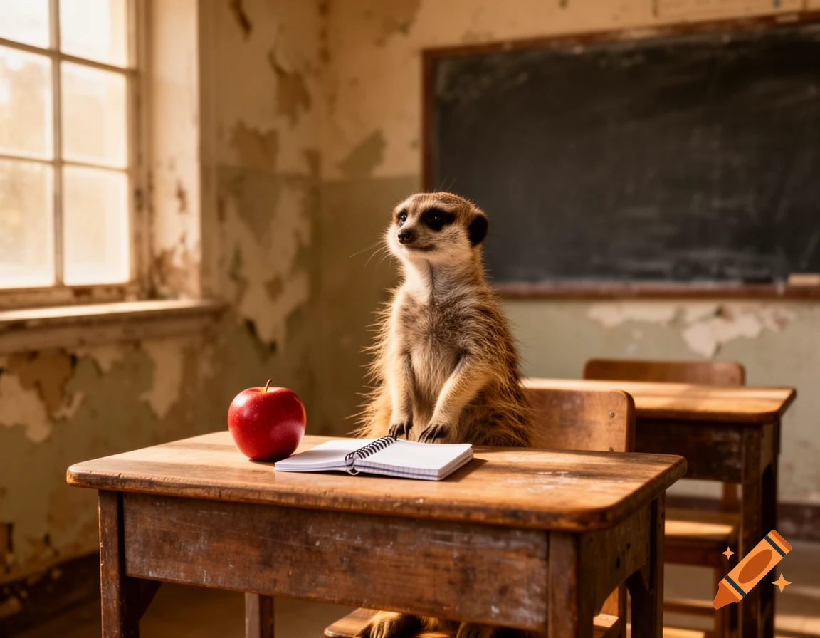 A photorealistic meerkat sits on its hind legs at a rustic wooden school desk with an apple and notebook, in an old classroom.