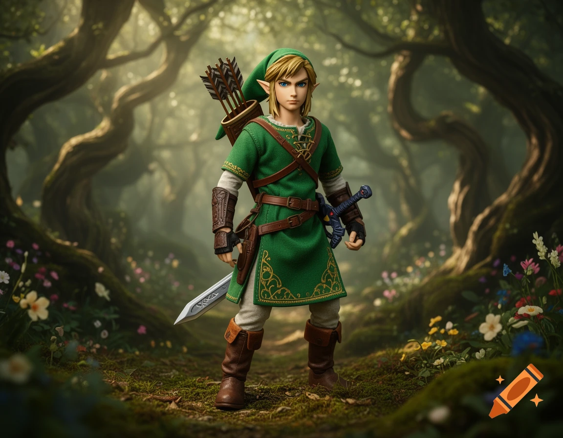 A photorealistic depiction of Link from Zelda, standing in a lush, mystical forest. He wears a green tunic, holds a sword, and has a quiver.