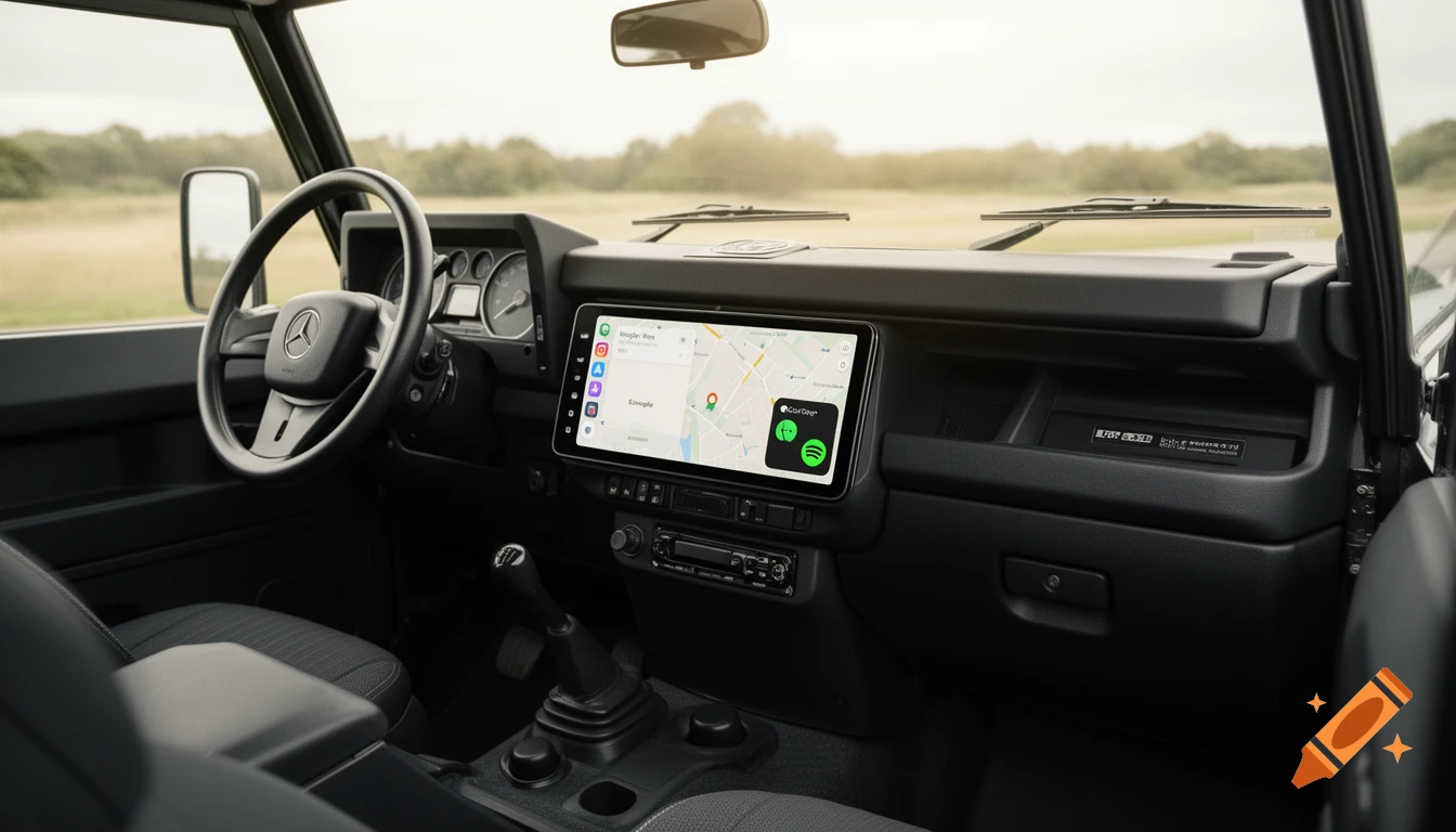 Photorealistic image of a Land Rover Defender 110 cockpit with a modern 9-inch touchscreen showing Google Maps and Spotify.
