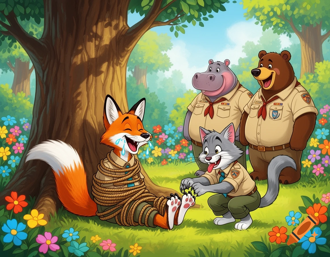 A cartoon gray cat scout tickles the feet of a tied-up orange fox scout, who laughs while a hippopotamus and bear scout watch amused in a colorful forest.