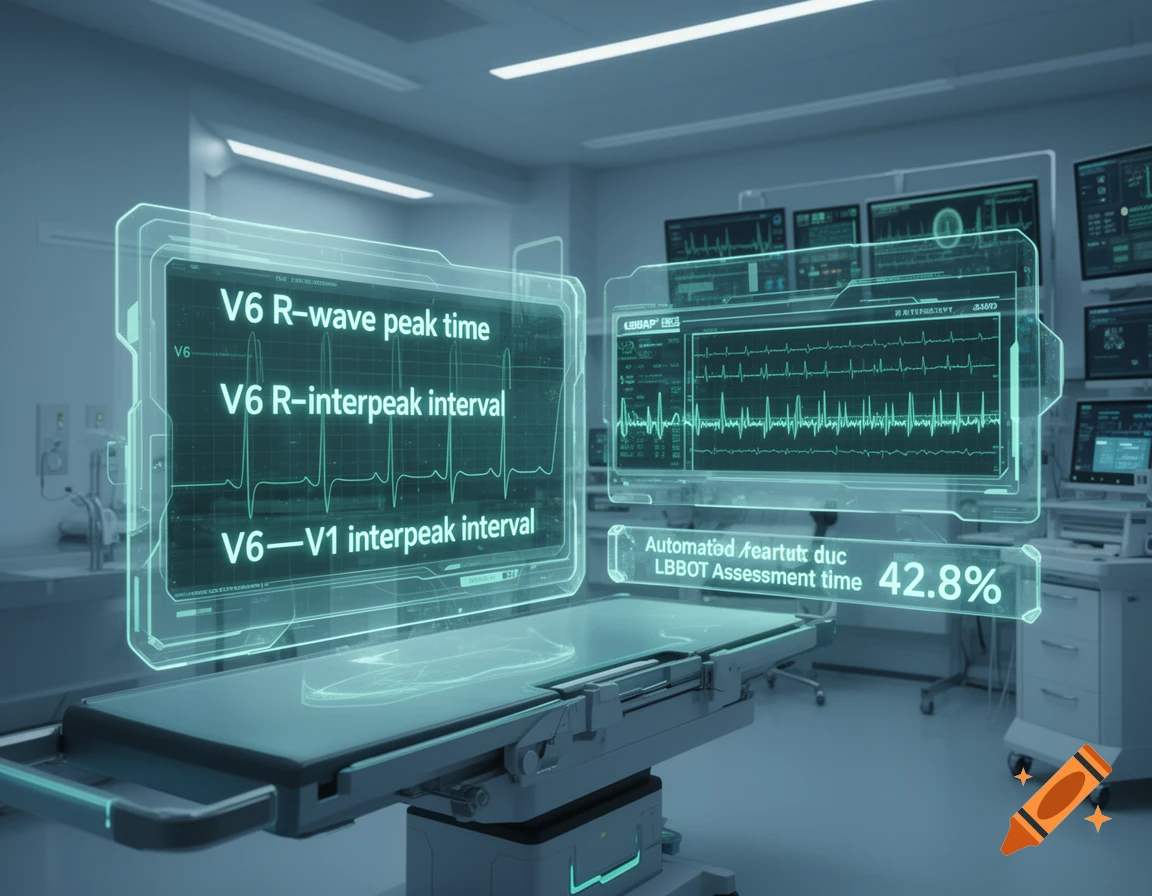 A futuristic operating room with glowing blue holographic screens displaying ECG data and medical assessment parameters above a surgical table.