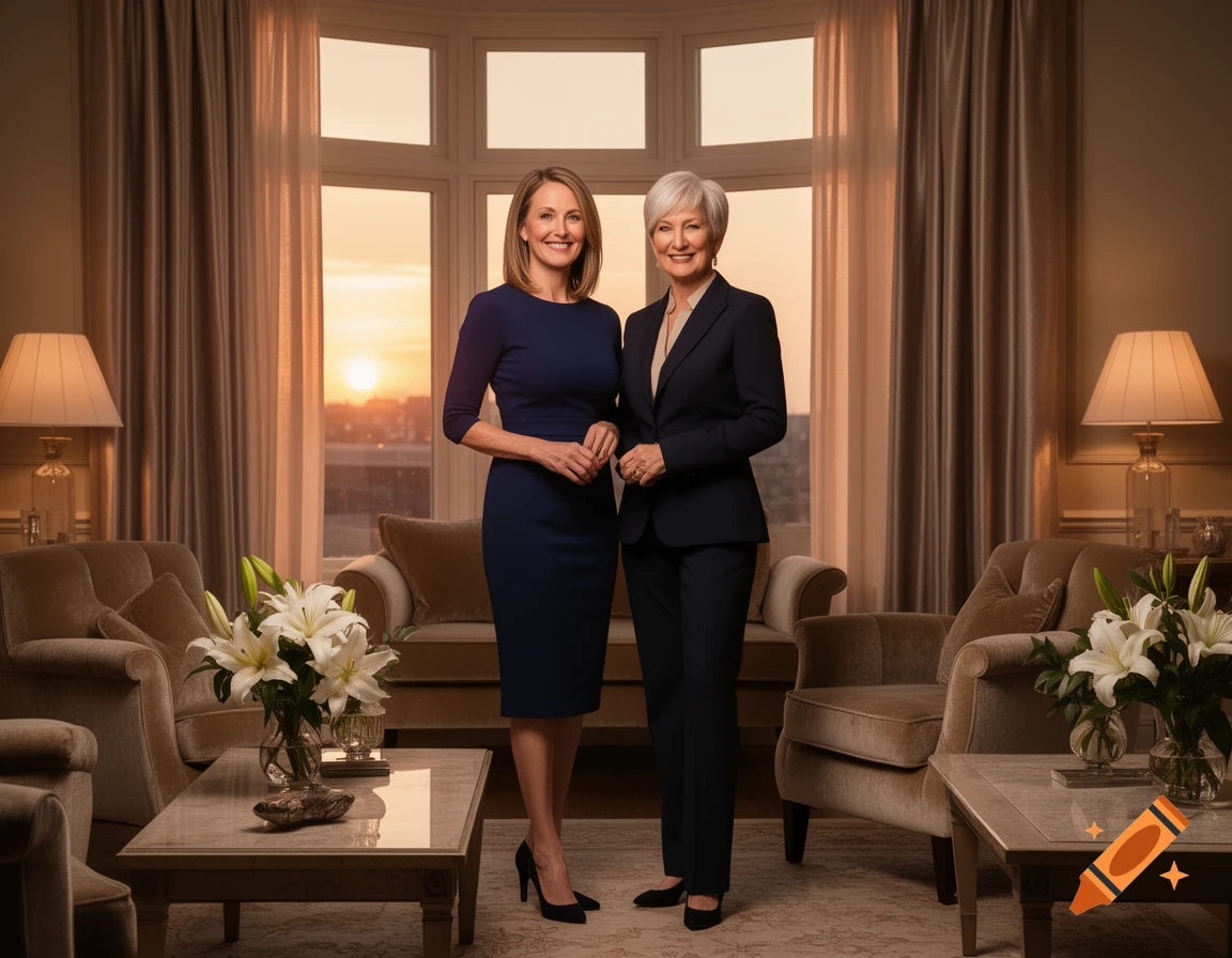 Two smiling women, one in a dark blue dress and one in a suit, stand in an elegant room with large windows at sunset.