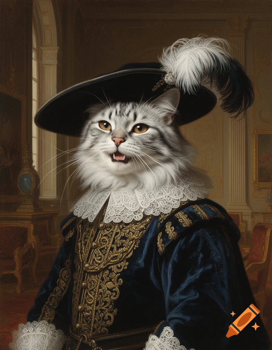 A fluffy grey and white cat, dressed in a black feathered hat and an ornate blue and gold historical costume, poses in a classical room.