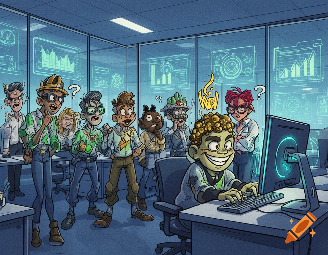 A cartoon of diverse characters in a tech office, looking surprised and concerned at a mischievous-looking character typing on a computer, surrounded by glowing holographic screens.