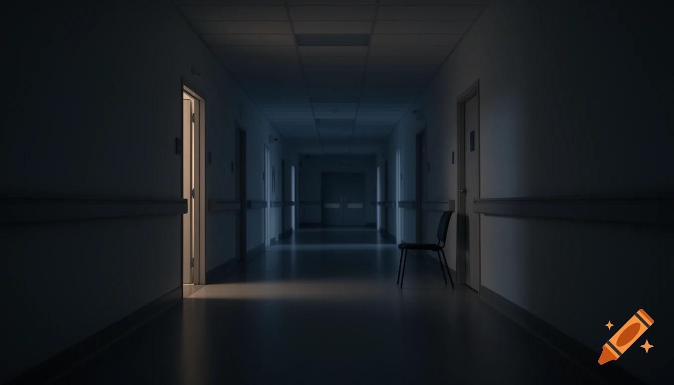 A dimly lit, long hospital corridor at night, featuring blue-gray tones and a single black chair next to a door with warm light spilling from it onto the floor.