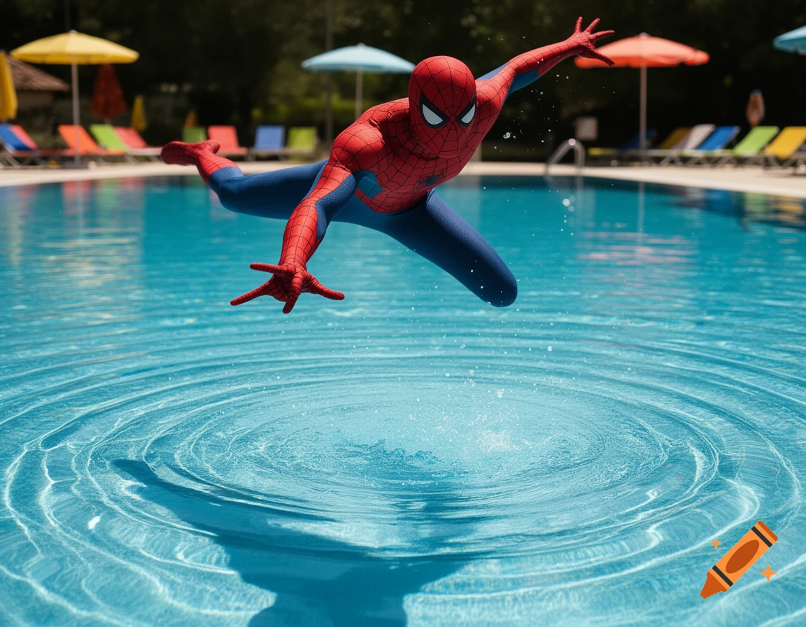 Spider-Man in his classic red and blue suit leaps into a bright blue swimming pool, creating ripples.