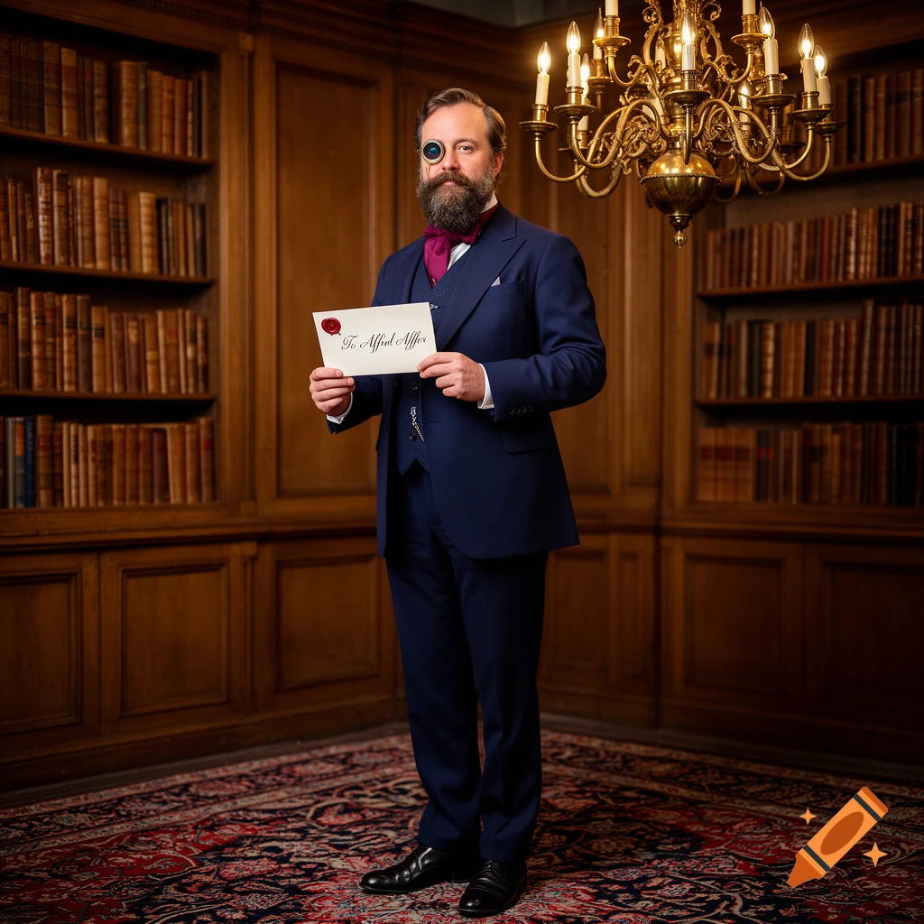 Bearded man in blue suit and monocle holds an envelope in a grand library.