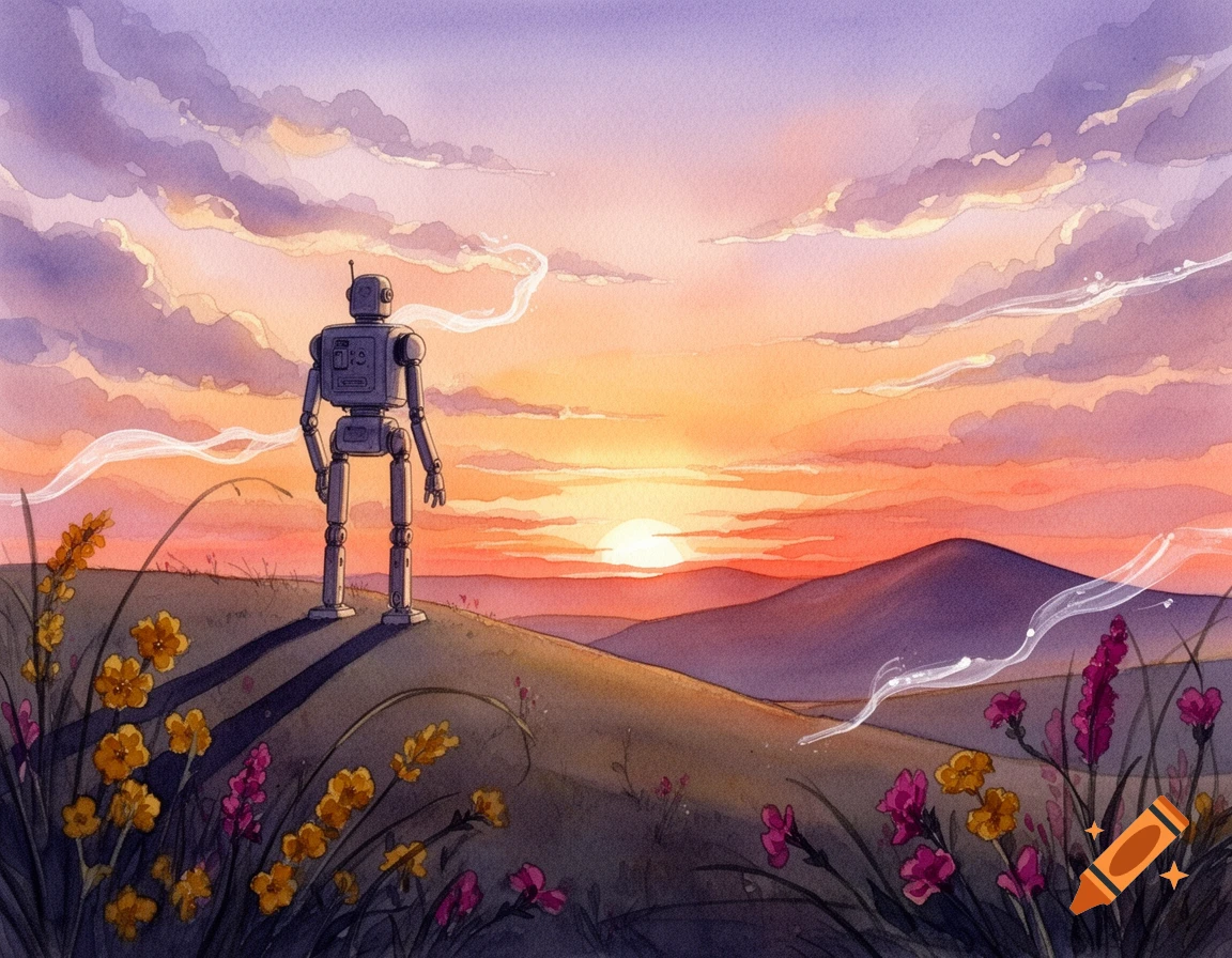 A lone robot stands on a grassy hill at sunset, overlooking mountains and wildflowers, in a watercolor style.