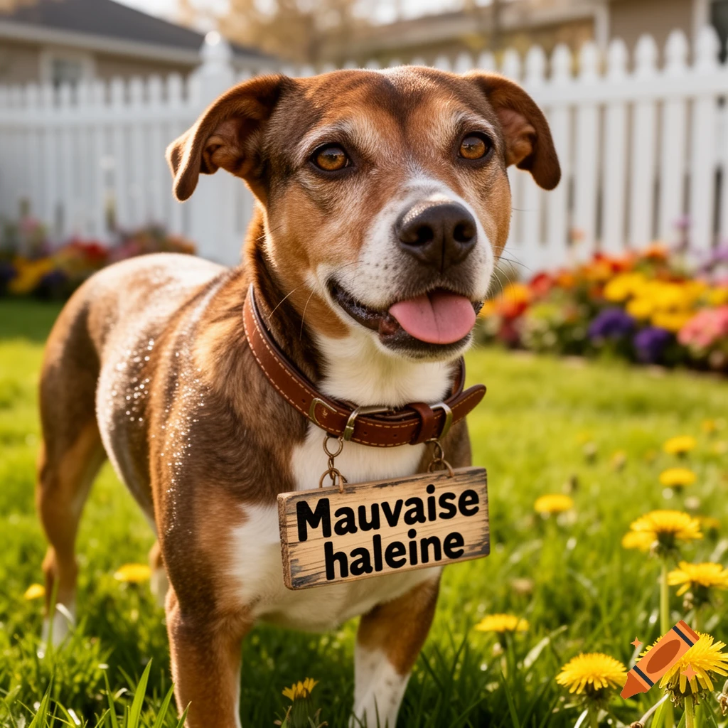 A brown and white dog wearing a collar with a sign saying 'Mauvaise haleine' in a sunny garden with yellow flowers and a white picket fence.