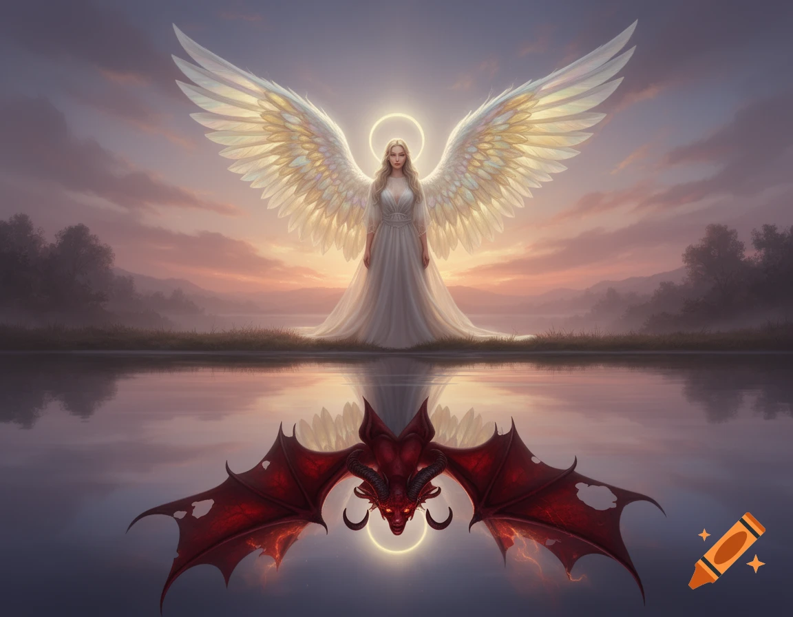 An ethereal angel woman with large white wings stands at the water's edge, her reflection showing a red horned demon with bat wings.