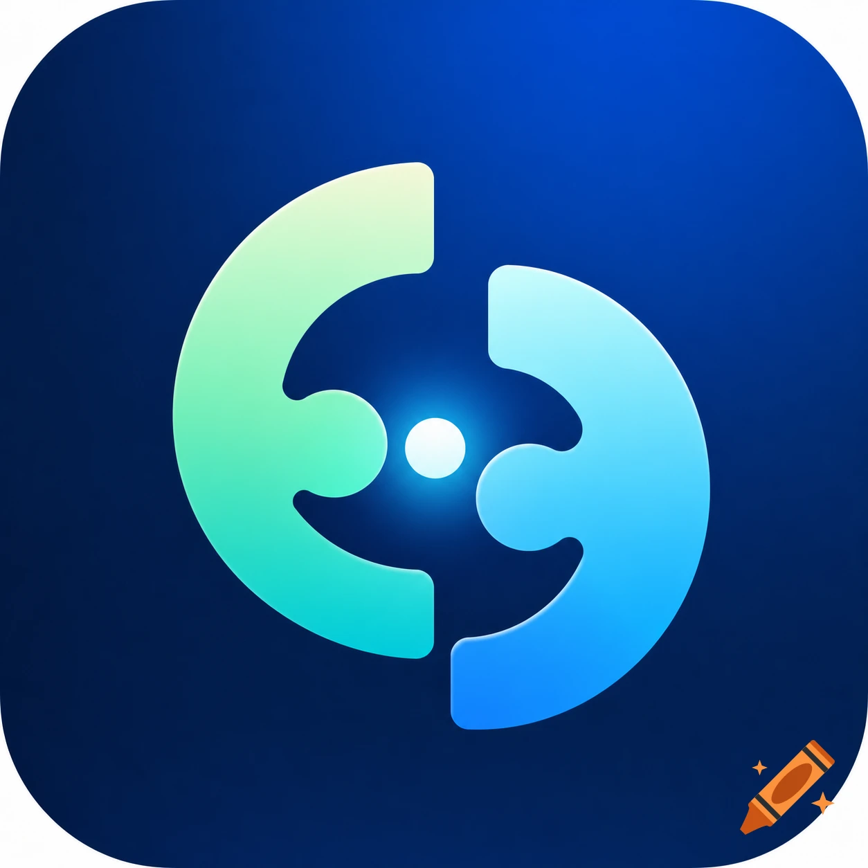 Abstract app icon with interlocking green and blue C-shapes around a glowing white dot on a dark blue background.