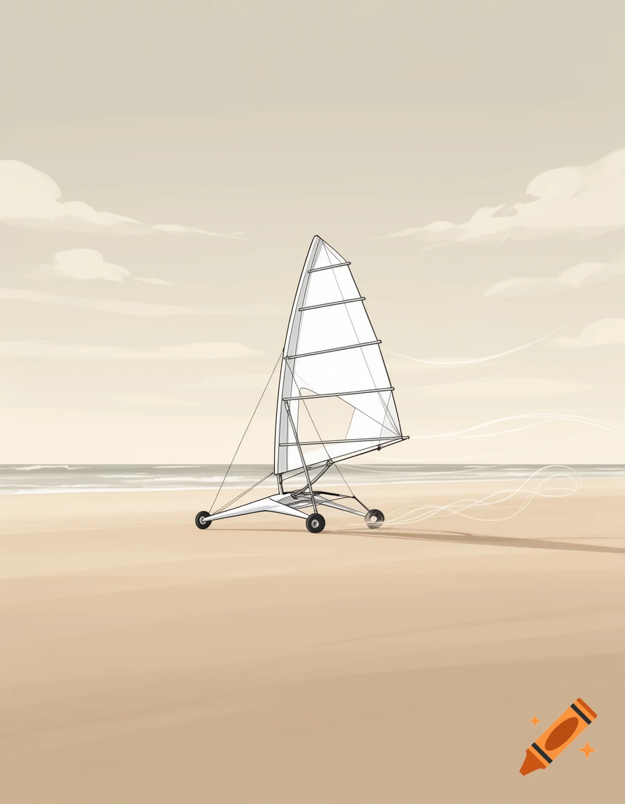 A simple drawing of a land yacht with a white sail on a sandy beach under a cloudy sky.