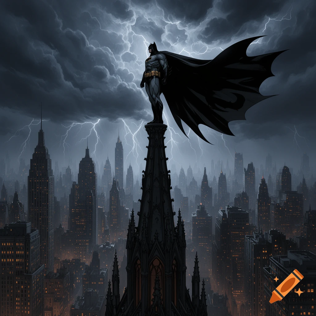 Batman stands heroically on a gothic skyscraper overlooking a dark, stormy city skyline with lightning.