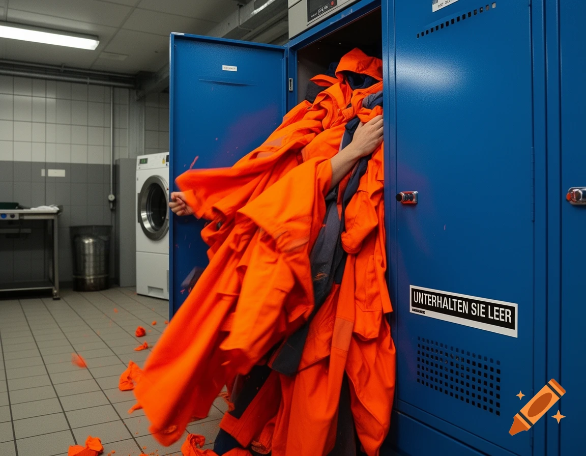 A person's arm pulls a large amount of orange work clothes from an overflowing blue locker in a laundry room.