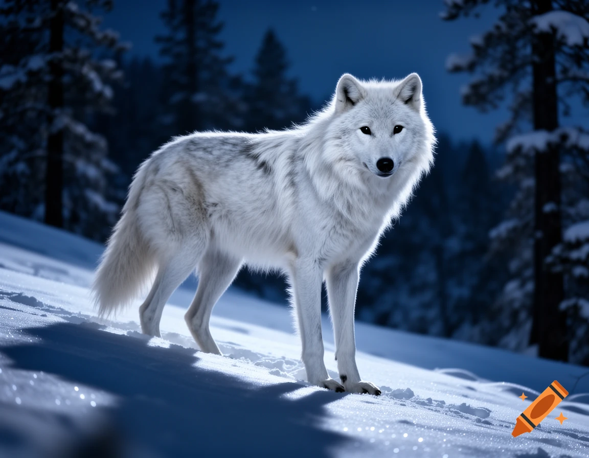 A majestic white wolf stands in a moonlit snowy forest at night, looking directly forward.