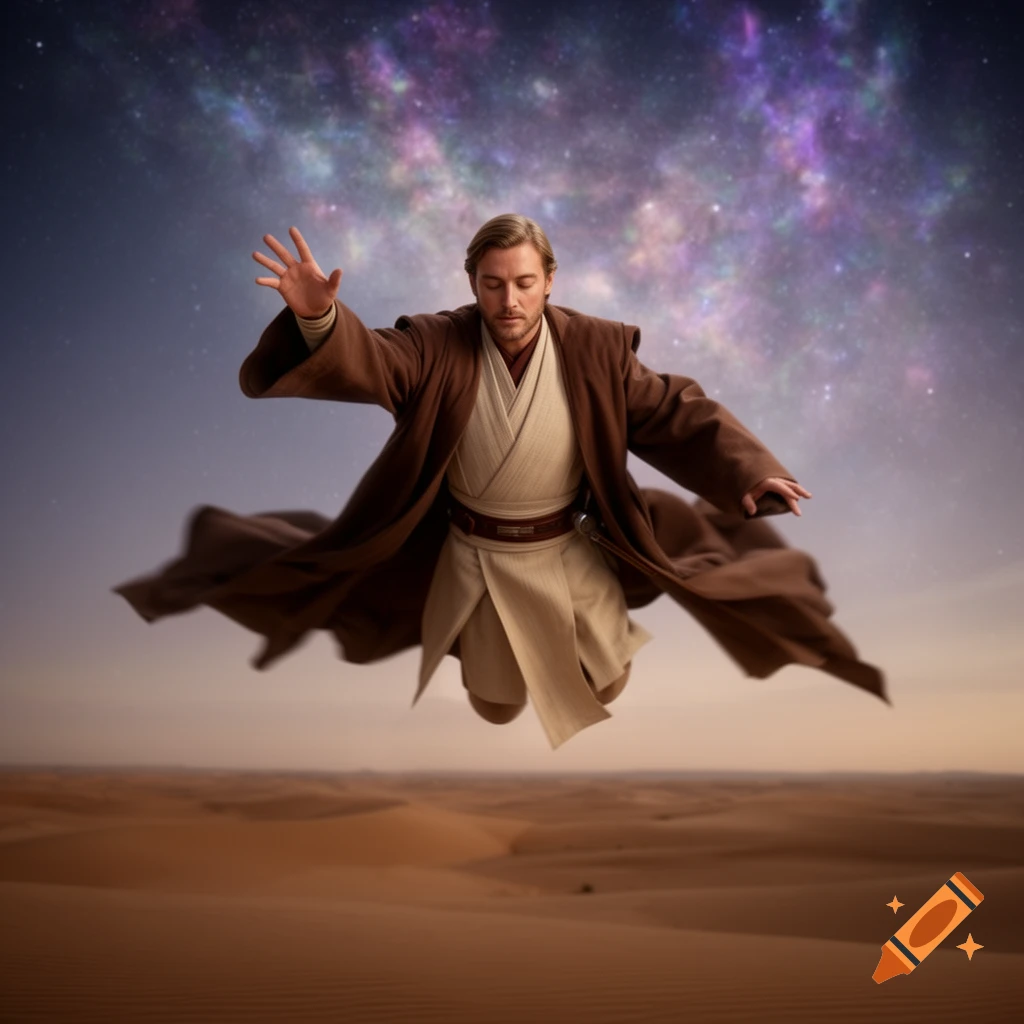 A Jedi in brown robes floats above a desert landscape under a starry, cosmic sky, with eyes closed.