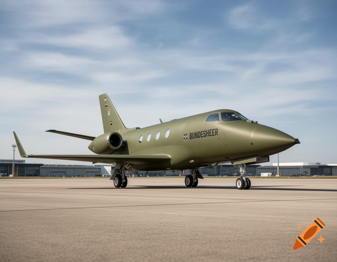 Olive green private jet with 'BUNDESHEER' written on its side, parked on an airfield runway under a clear sky.