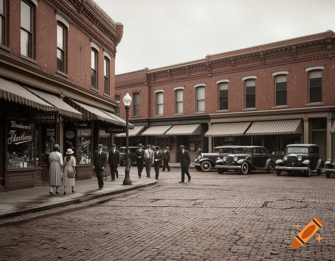 A sepia-toned street scene from 1933, with brick buildings, people in vintage clothes, and classic cars on a cobblestone road.