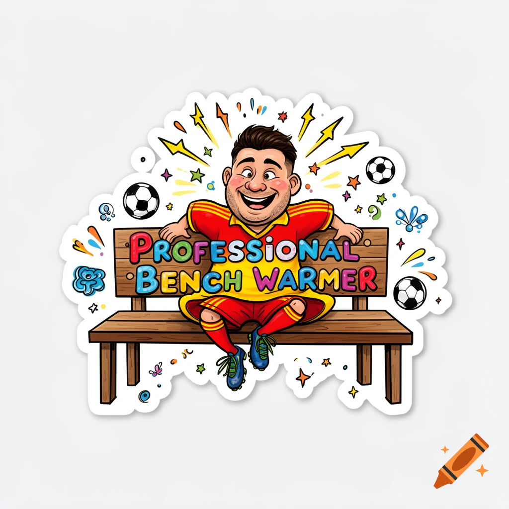 Cartoon sticker of a smiling soccer player in a red and yellow uniform sitting on a bench, with 'PROFESSIONAL BENCH WARMER' text.