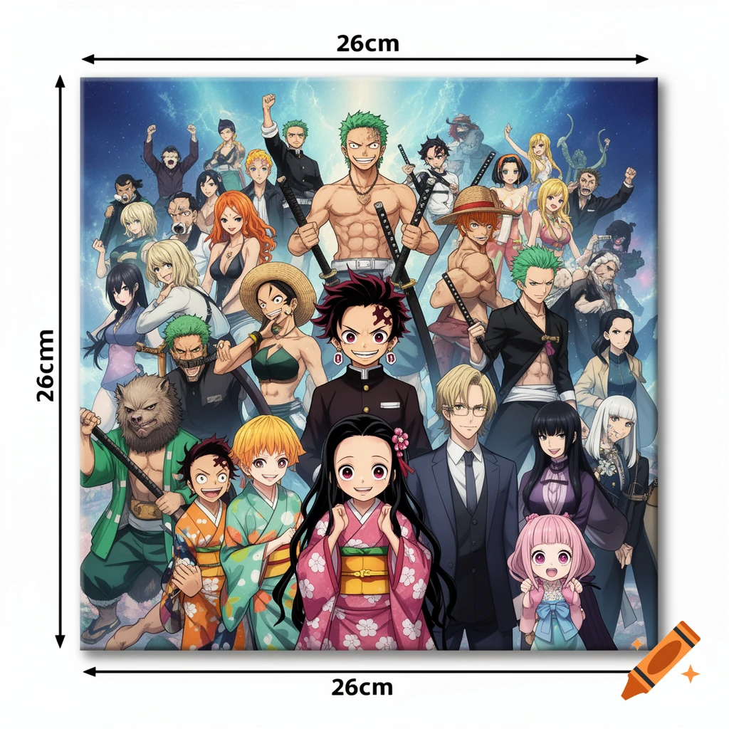 Anime crossover featuring many characters from Demon Slayer and One Piece standing together against a blue sky.