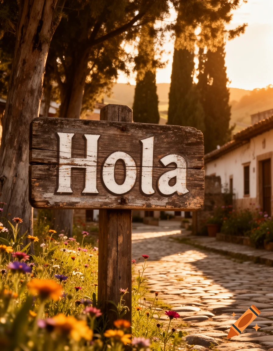 A rustic wooden sign with "Hola" painted on it stands in a field of colorful wildflowers, next to a cobblestone path glowing in golden hour light.