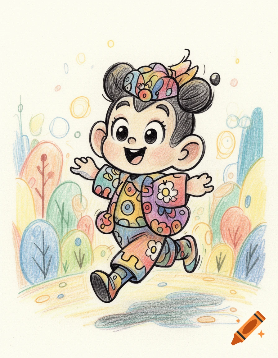A happy, black ink outlined cartoon character in a colorful patterned outfit, drawn with colored pencils, running through a whimsical landscape.