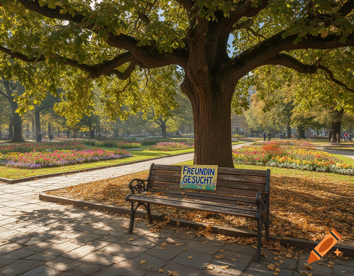 Photorealistic image of a park with a large tree casting shadows over a path and a bench. Flower beds are visible in the background, and the bench has a sign that reads 'Freundin gesucht'.