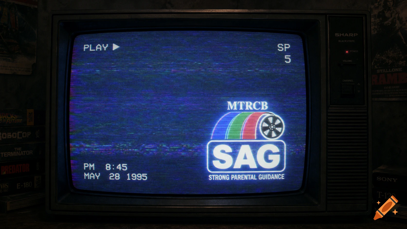 An old CRT television showing a grainy blue screen with a parental guidance logo, play icon, time, and date 1995, surrounded by VHS tapes and posters.