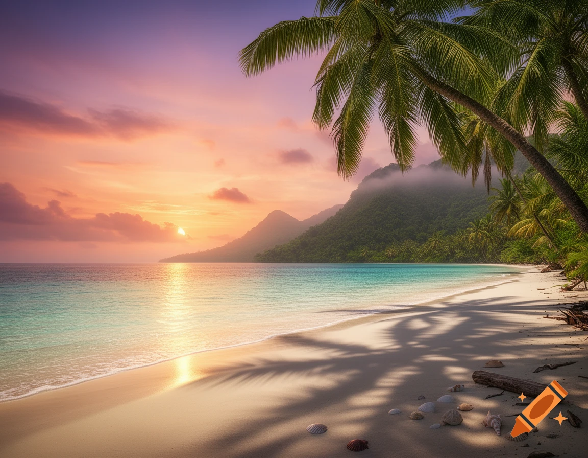 Photorealistic image of a tropical beach at sunset with palm trees, turquoise water, and misty mountains.