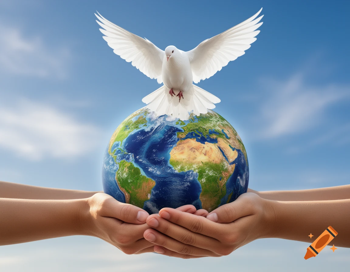 Photorealistic image of cupped hands holding a globe, with a white dove landing on it under a clear blue sky.