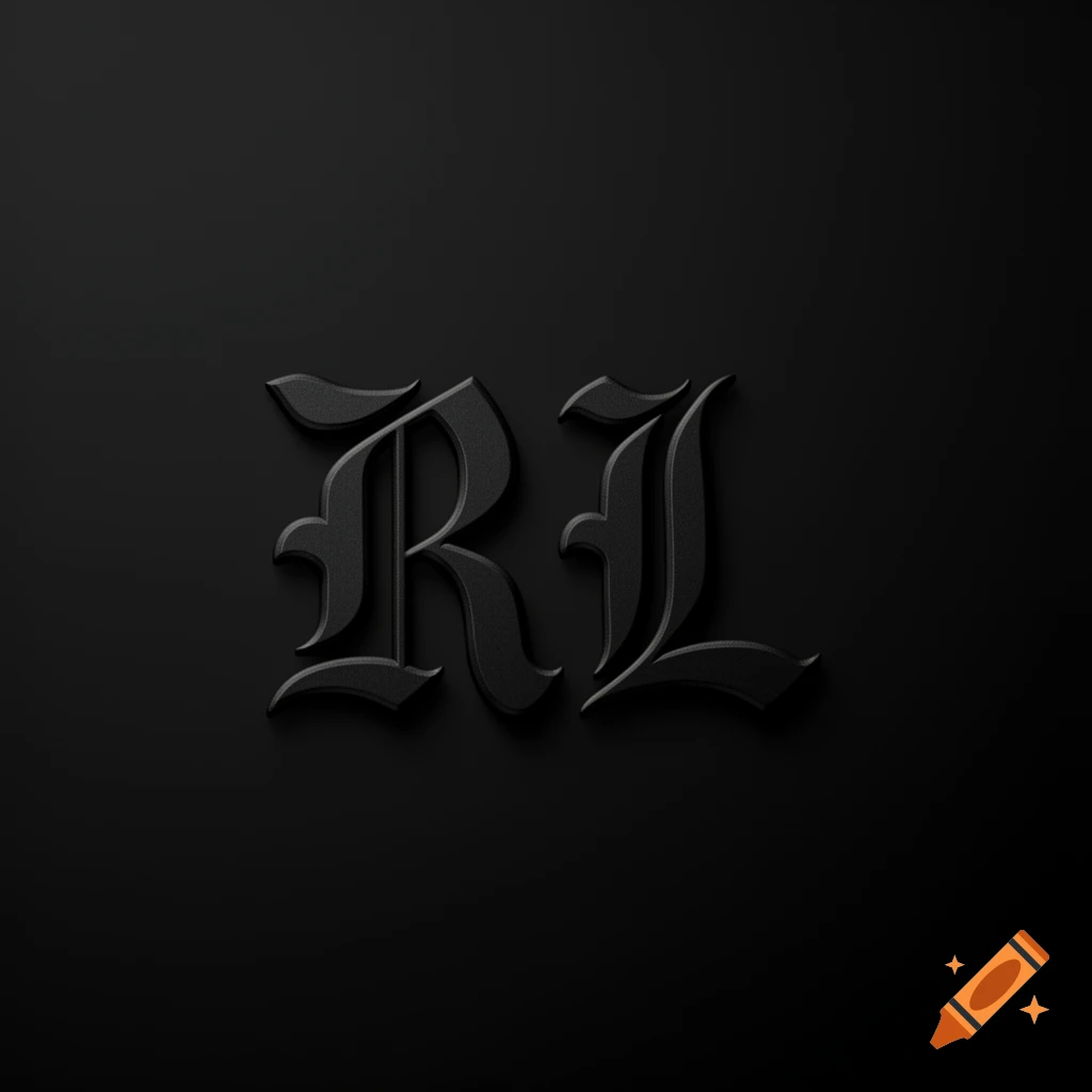 The letters RL in a dark, embossed gothic style against a black background.