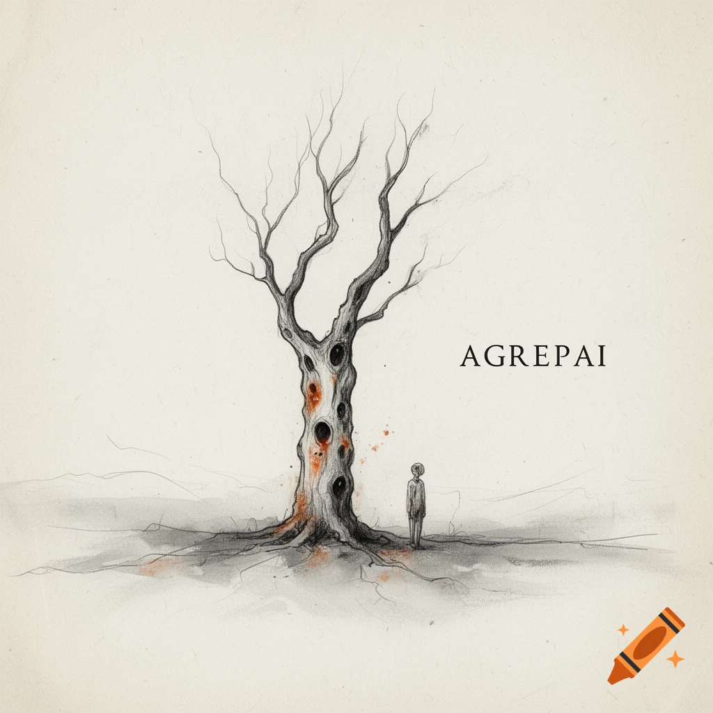 A minimalist drawing of a gnarled, bare tree with rusty orange marks and holes, standing in an empty landscape next to a tiny human figure. The word AGREPAI is on the right, styled like an old notebook sketch.