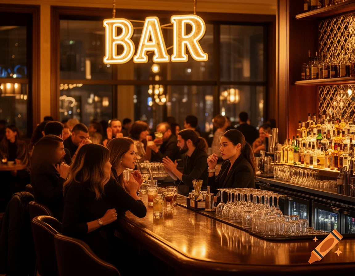 A warm, inviting bar scene with a neon 'BAR' sign, people socializing, and a bartender preparing drinks.