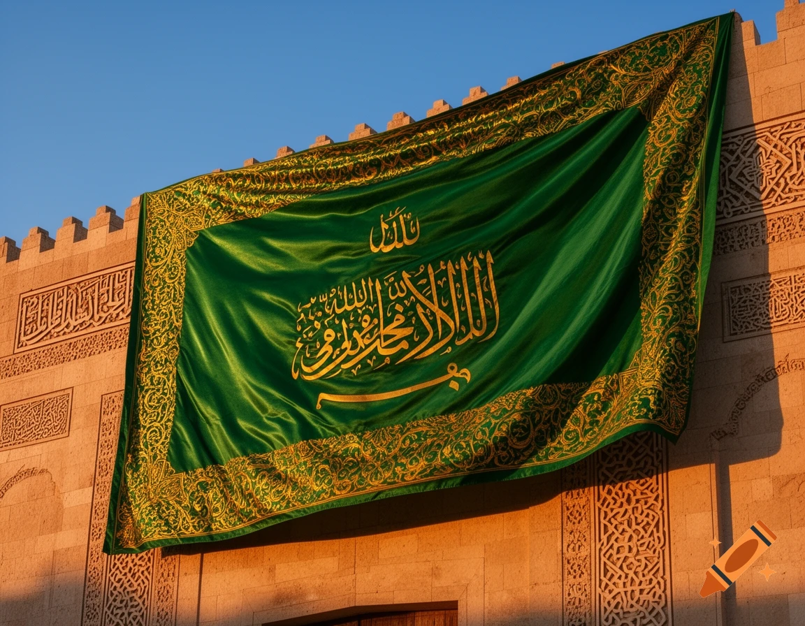 A vibrant green flag with intricate golden Arabic calligraphy hangs from an ornately carved stone building under a clear blue sky, illuminated by warm sunlight.