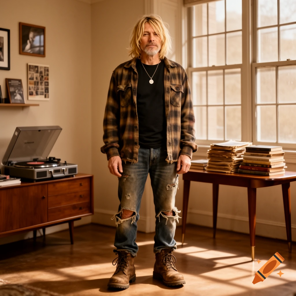 A photorealistic portrait of a man with long blonde hair and a beard, wearing a flannel shirt and ripped jeans, standing in a sunlit room.