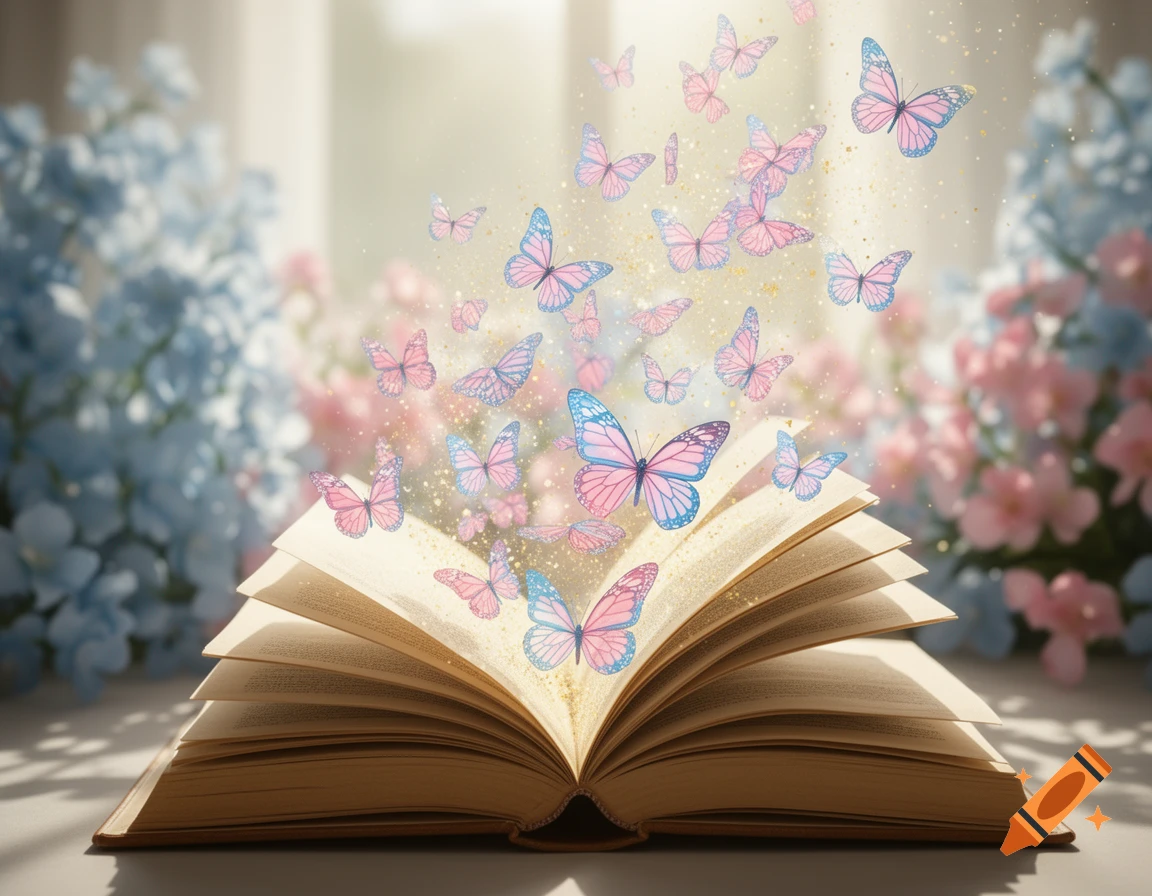 An open book with light blue and pink butterflies, golden sparkles, and light floating out. Soft blue and pink flowers blur in the background.