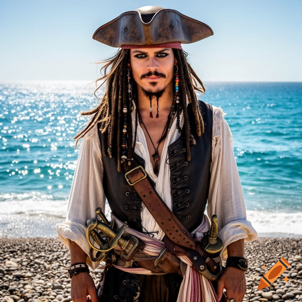 A photorealistic image of a man dressed as a pirate, resembling Jack Sparrow, standing on a pebbly beach with a bright blue ocean in the background.