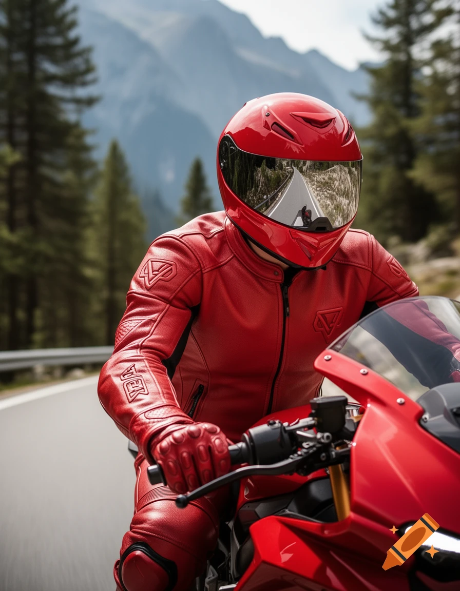 A close-up of a motorcyclist in a red leather suit and helmet, riding a red sportbike on a mountain road.