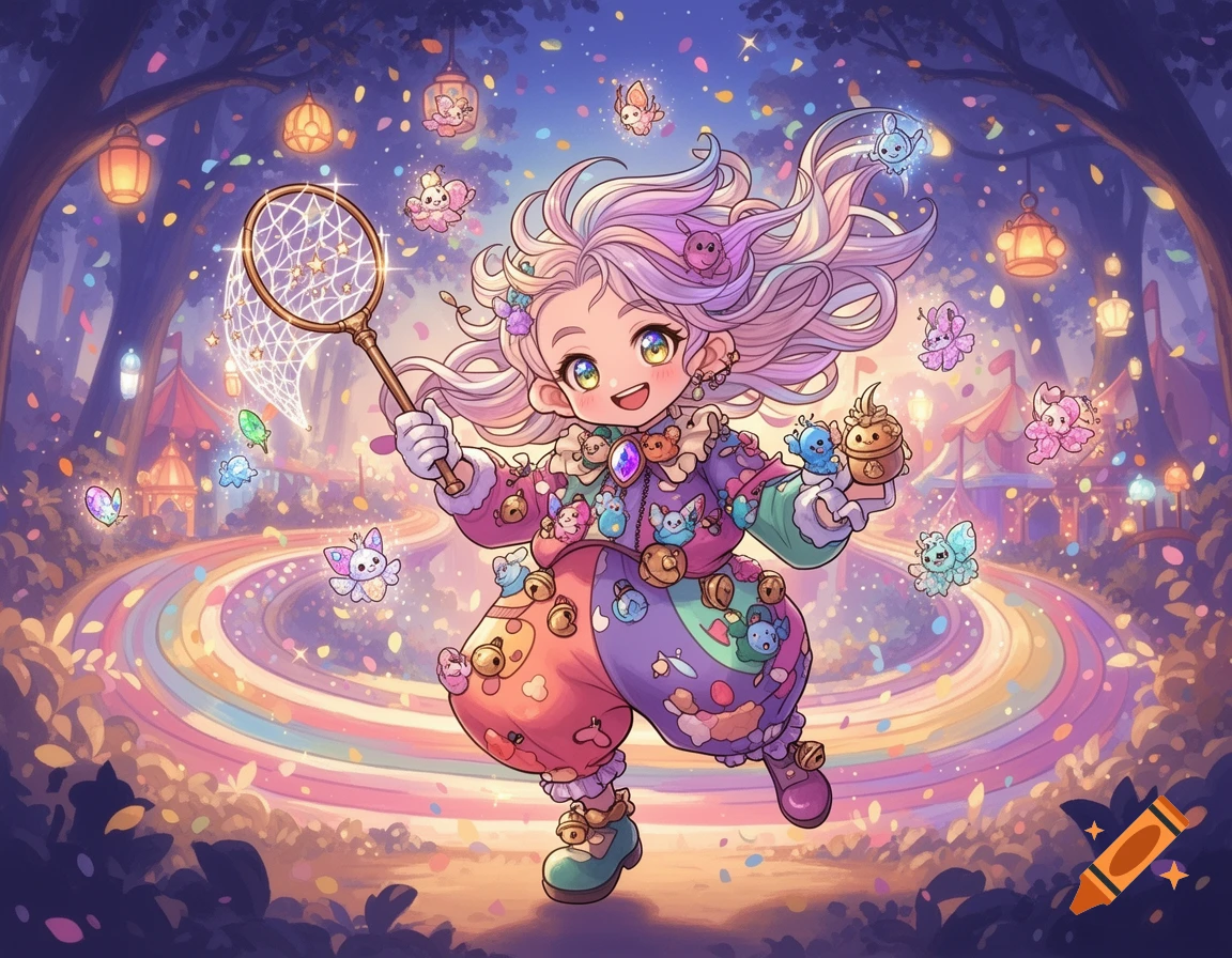 A cute chibi girl with pastel hair and a colorful outfit catches glowing fairy-like creatures with a net in a magical forest.